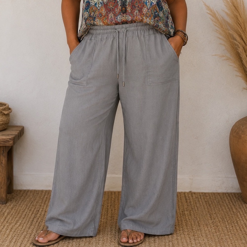 Willit Wide Leg Pants Women XXL Gray Linen Cotton Drawstring Elastic Waist NEW